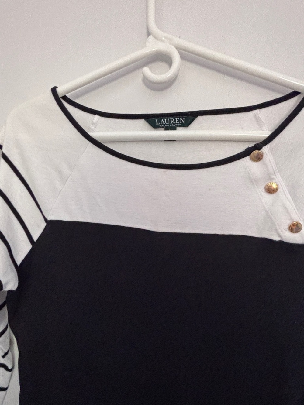 LAUREN Ralph Lauren Black & White Striped Sleeve Boatneck Top with Gold Buttons - Picture 3 of 6
